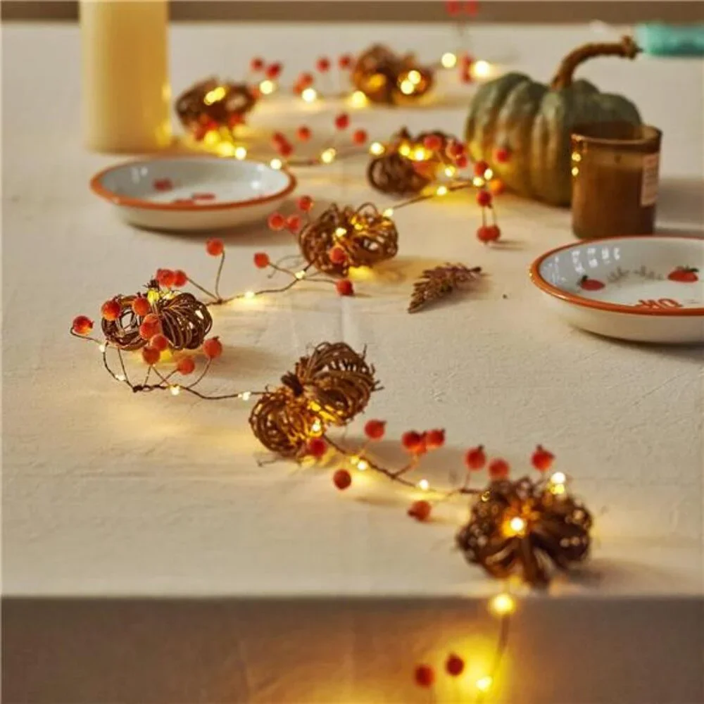 Fall Garland with Lights 10ft 30LEDs Rattan Pumpkin String Lights Battery